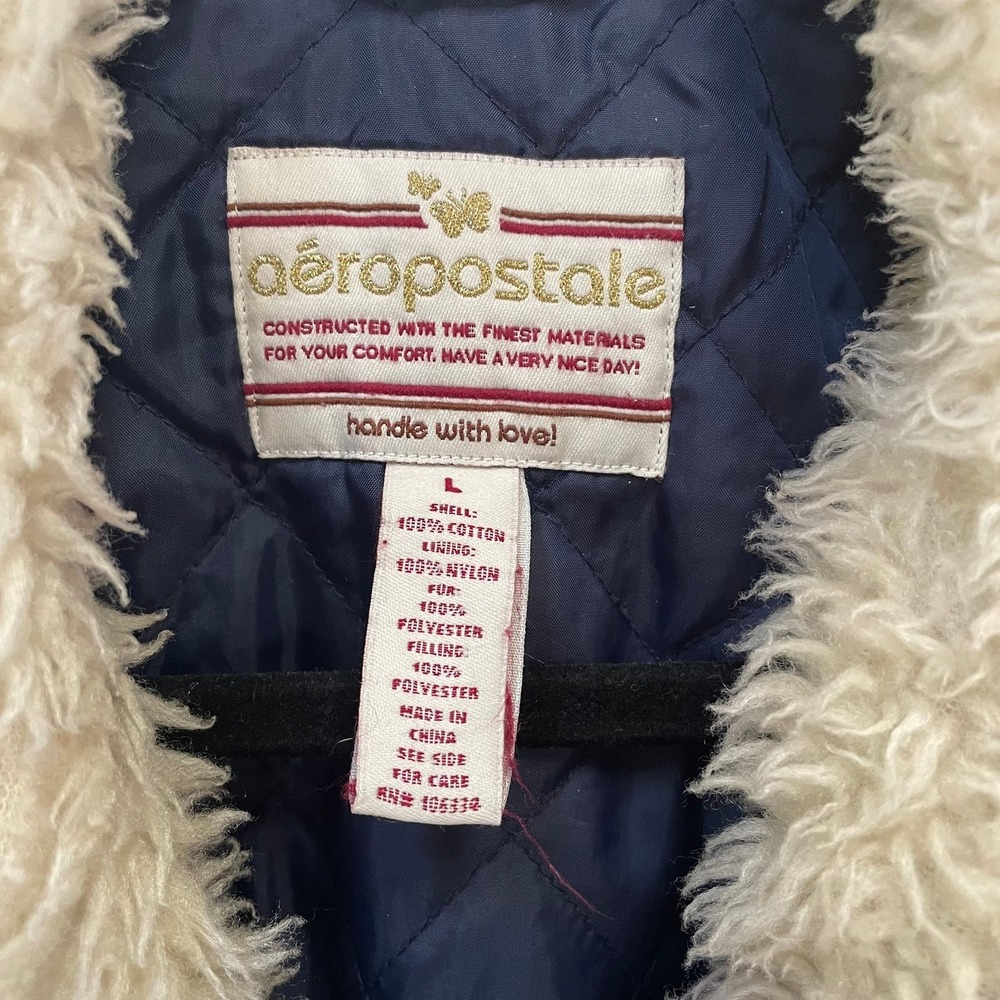 Vtg Y2K Aeropostale Sherpa Lined Denim Trucker Jacket Women's L Faux Shearling